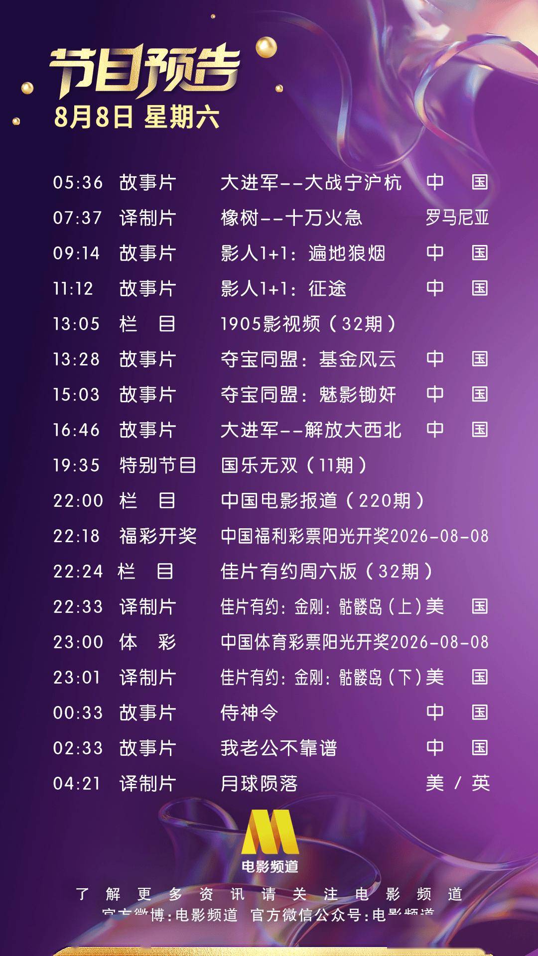 8月8日（星期六）CCTV6节目预告封面图