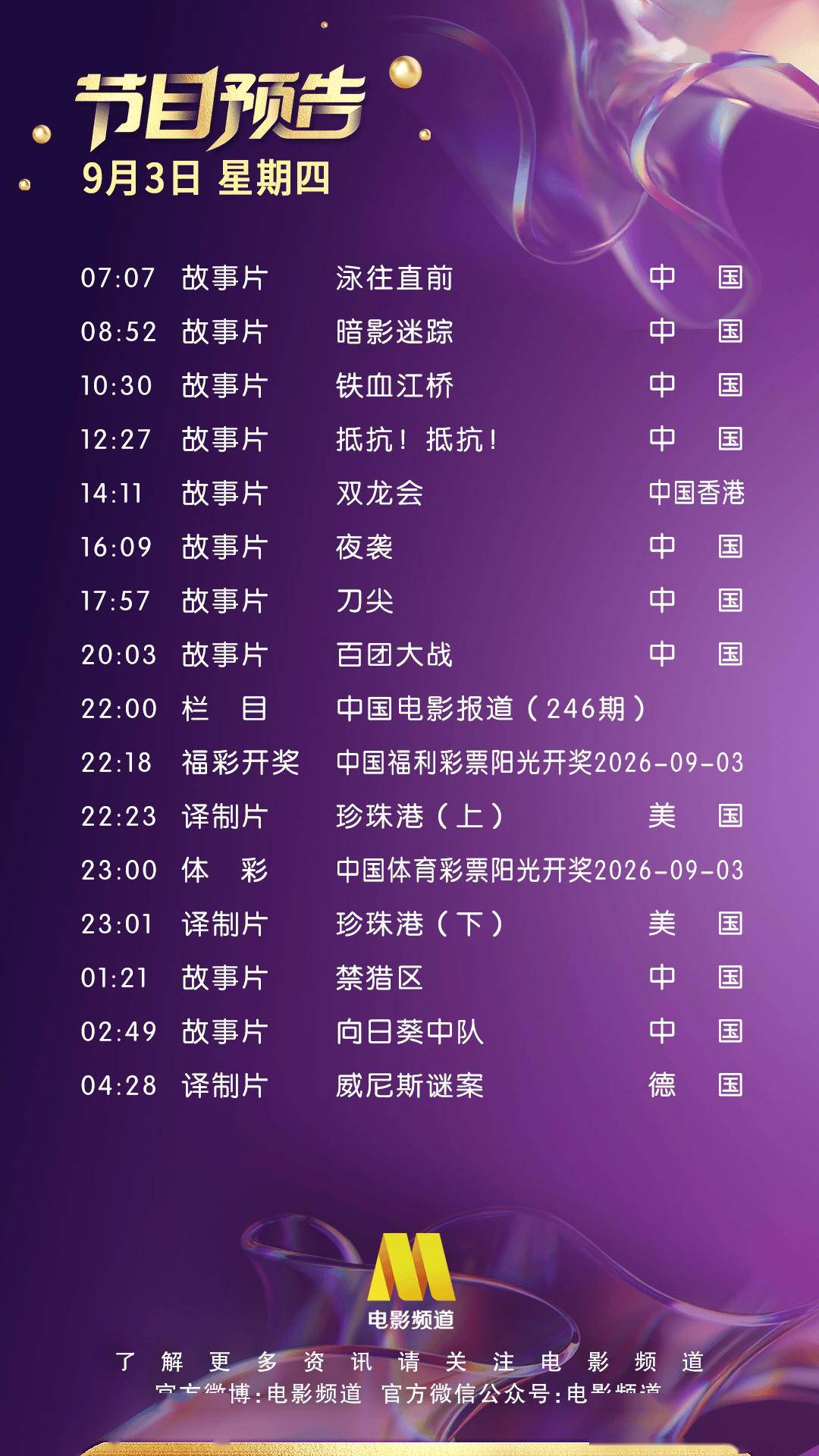 9月3日(星期四)CCTV6节目预告封面图